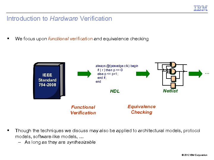 Introduction to Hardware Verification § We focus upon functional verification and equivalence checking IEEE
