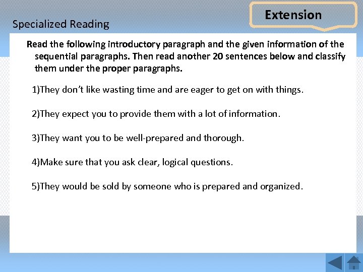 Specialized Reading Extension Read the following introductory paragraph and the given information of the
