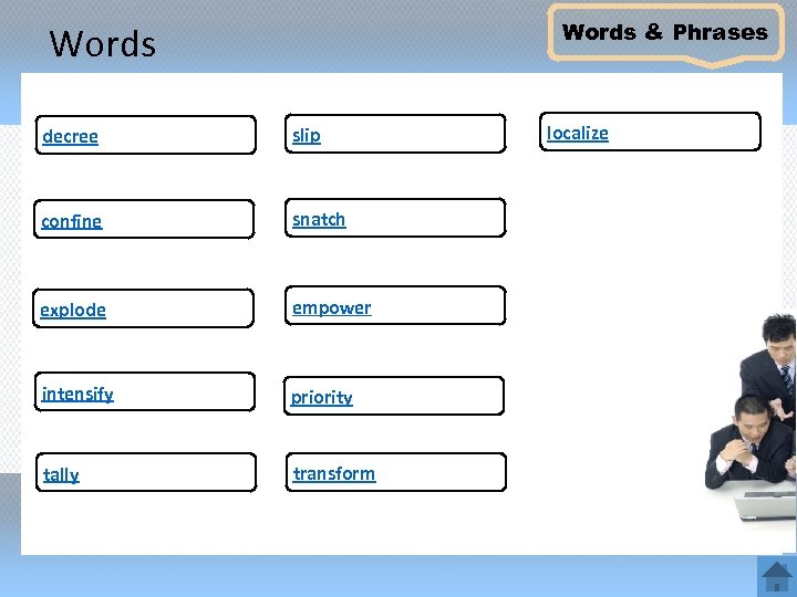 Words & Phrases Words decree slip confine snatch explode empower intensify priority tally transform