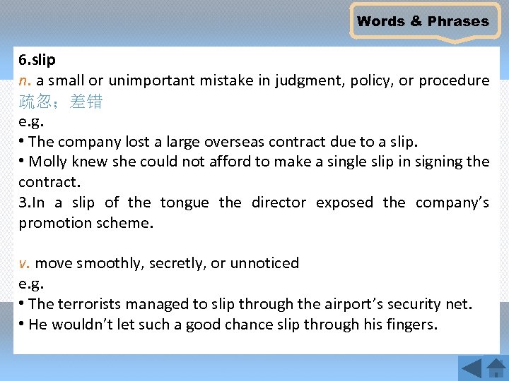 Words & Phrases 6. slip n. a small or unimportant mistake in judgment, policy,