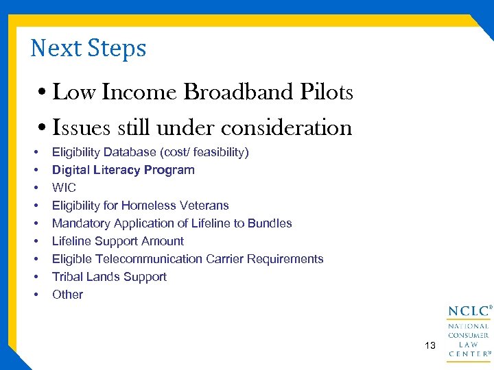 Next Steps • Low Income Broadband Pilots • Issues still under consideration • •