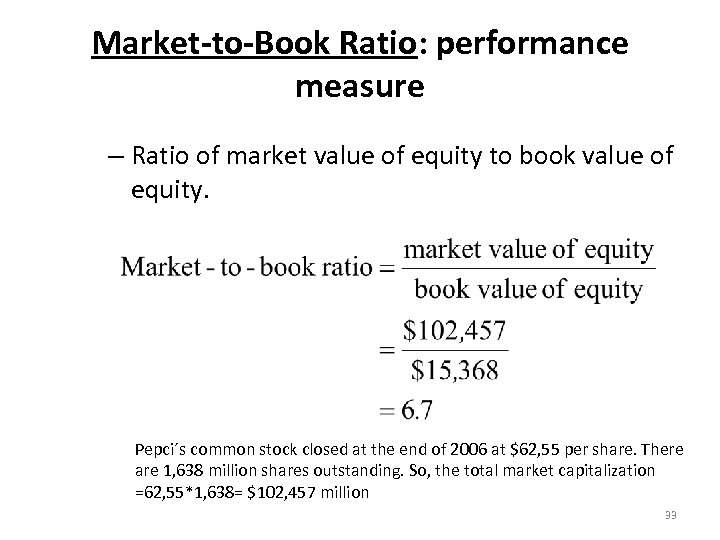 Market-to-Book Ratio: performance measure – Ratio of market value of equity to book value