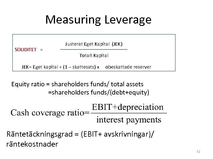 Measuring Leverage SOLIDITET = Justerat Eget Kapital (JEK) Totalt Kapital JEK= Eget kapital +