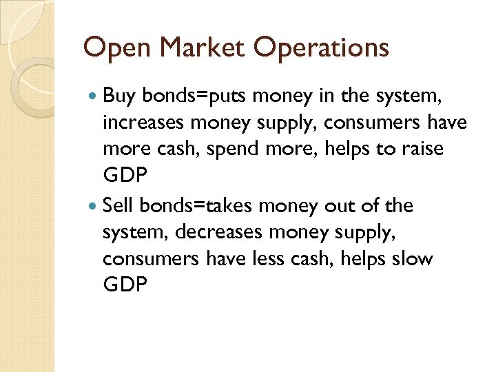 Open Market Operations Buy bonds=puts money in the system, increases money supply, consumers have