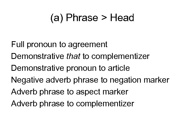 (a) Phrase > Head Full pronoun to agreement Demonstrative that to complementizer Demonstrative pronoun