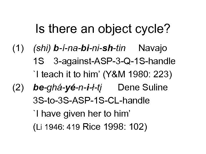 Is there an object cycle? (1) (2) (shi) b-í-na-bi-ni-sh-tin Navajo 1 S 3 -against-ASP-3