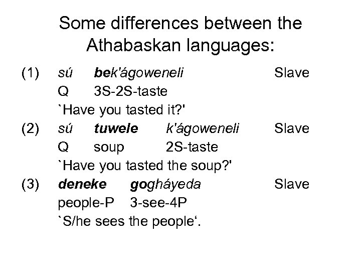 Some differences between the Athabaskan languages: (1) (2) (3) sú bek'ágoweneli Q 3 S-2