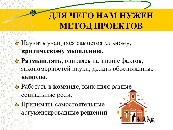 ДЛЯ ЧЕГО НАМ НУЖЕН МЕТОД ПРОЕКТОВ Научить учащихся самостоятельному, критическому мышлению. Размышлять, опираясь на