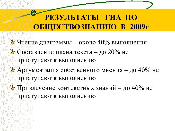 РЕЗУЛЬТАТЫ ГИА ПО ОБЩЕСТВОЗНАНИЮ В 2009 г Чтение диаграммы – около 40% выполнения Составление
