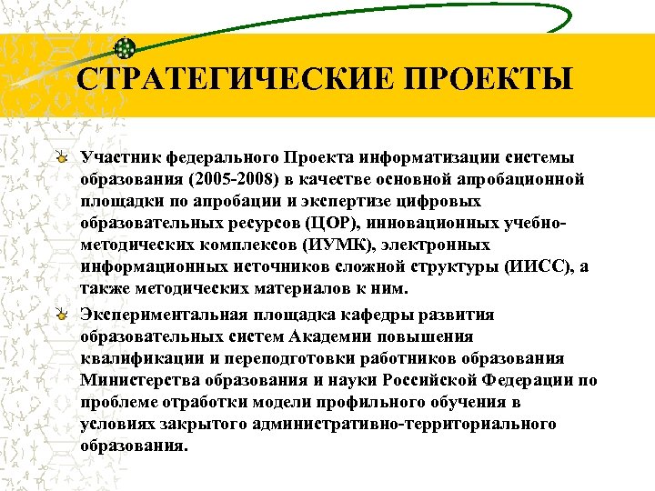 СТРАТЕГИЧЕСКИЕ ПРОЕКТЫ Участник федерального Проекта информатизации системы образования (2005 -2008) в качестве основной апробационной