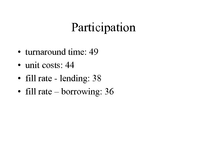 Participation • • turnaround time: 49 unit costs: 44 fill rate - lending: 38