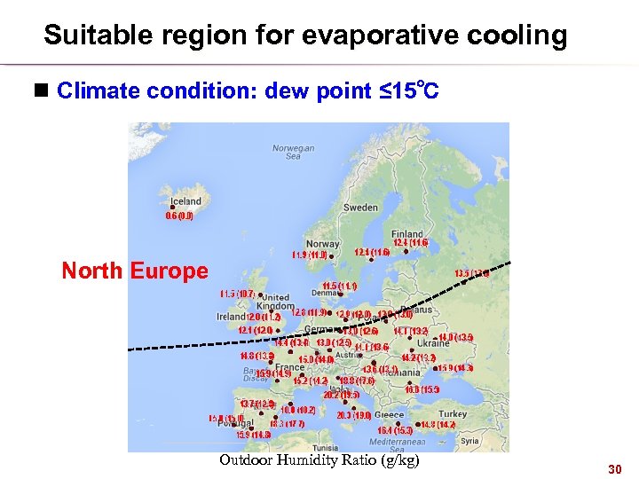 Suitable region for evaporative cooling n Climate condition: dew point ≤ 15℃ North Europe