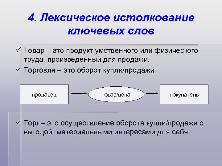 4. Лексическое истолкование ключевых слов ü Товар – это продукт умственного или физического труда,