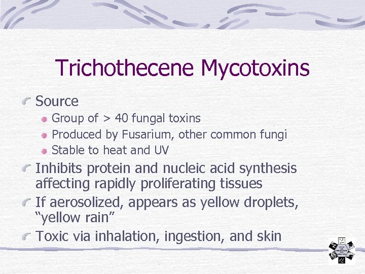 Trichothecene Mycotoxins Source Group of > 40 fungal toxins Produced by Fusarium, other common