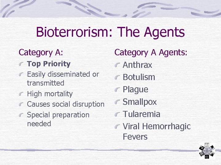 Bioterrorism: The Agents Category A: Top Priority Easily disseminated or transmitted High mortality Causes