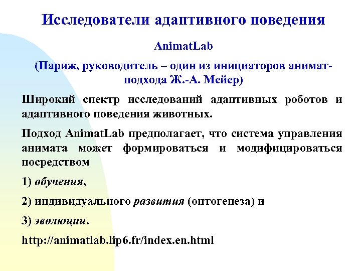 Исследователи адаптивного поведения Animat. Lab (Париж, руководитель – один из инициаторов аниматподхода Ж. -А.