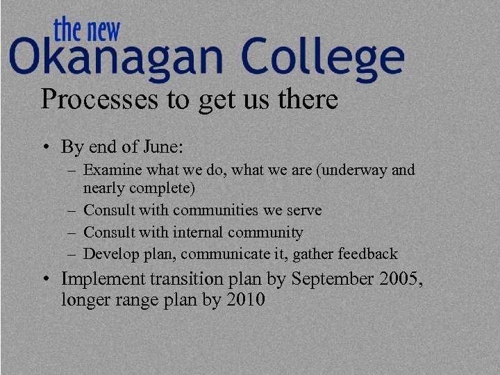 Processes to get us there • By end of June: – Examine what we