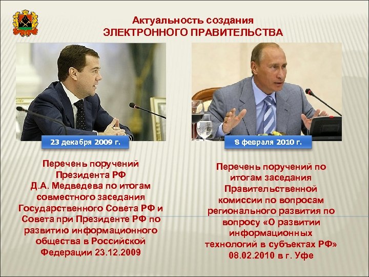 Актуальность создания ЭЛЕКТРОННОГО ПРАВИТЕЛЬСТВА 23 декабря 2009 г. Перечень поручений Президента РФ Д. А.