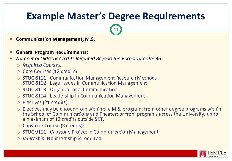 Example Master’s Degree Requirements 11 Communication Management, M. S. General Program Requirements: Number of
