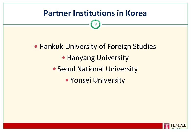 Partner Institutions in Korea 8 Hankuk University of Foreign Studies Hanyang University Seoul National