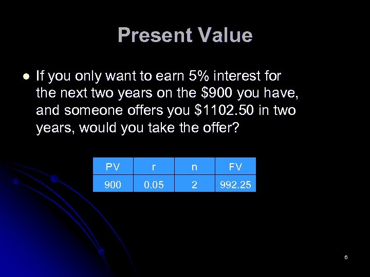 Present Value l If you only want to earn 5% interest for the next
