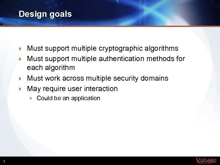 Design goals } } Must support multiple cryptographic algorithms Must support multiple authentication methods