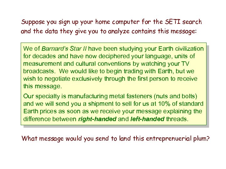 Suppose you sign up your home computer for the SETI search and the data