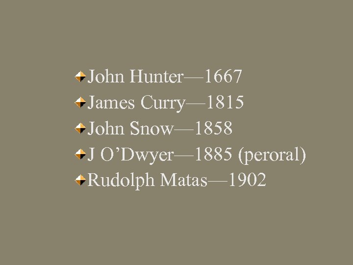 John Hunter— 1667 James Curry— 1815 John Snow— 1858 J O’Dwyer— 1885 (peroral) Rudolph