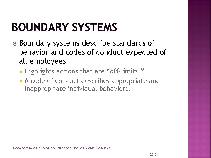 BOUNDARY SYSTEMS Boundary systems describe standards of behavior and codes of conduct expected of
