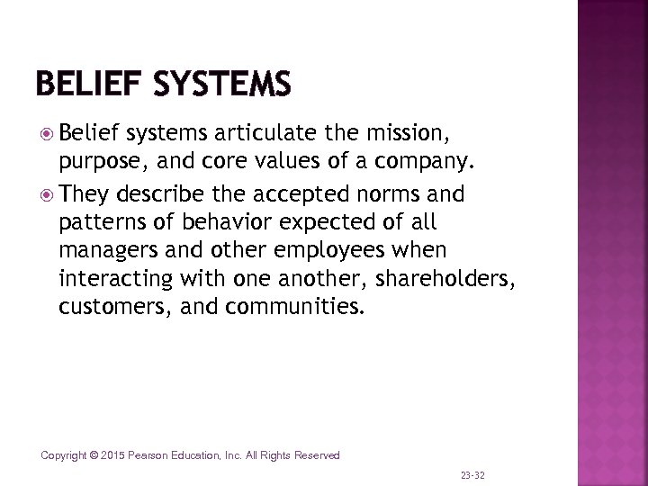 BELIEF SYSTEMS Belief systems articulate the mission, purpose, and core values of a company.