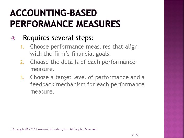 ACCOUNTING-BASED PERFORMANCE MEASURES Requires several steps: Choose performance measures that align with the firm’s
