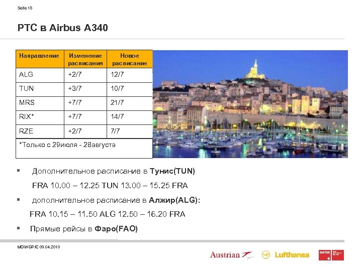 Seite 18 PTC в Airbus A 340 Направление Изменение расписания Новое расписание ALG +2/7
