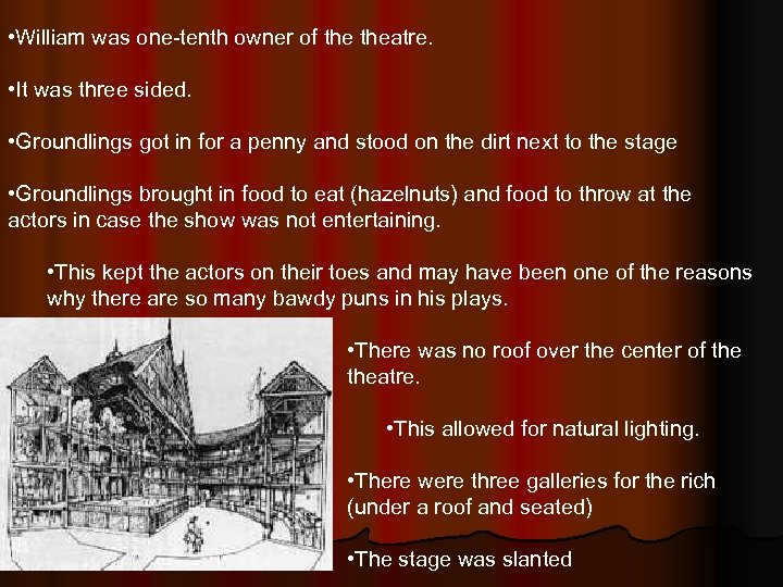  • William was one-tenth owner of theatre. • It was three sided. •