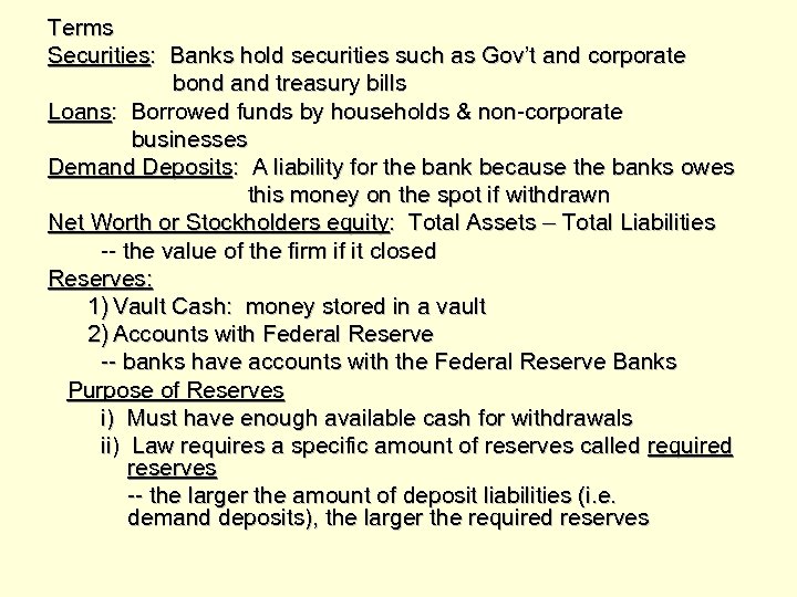 Terms Securities: Banks hold securities such as Gov’t and corporate bond and treasury bills