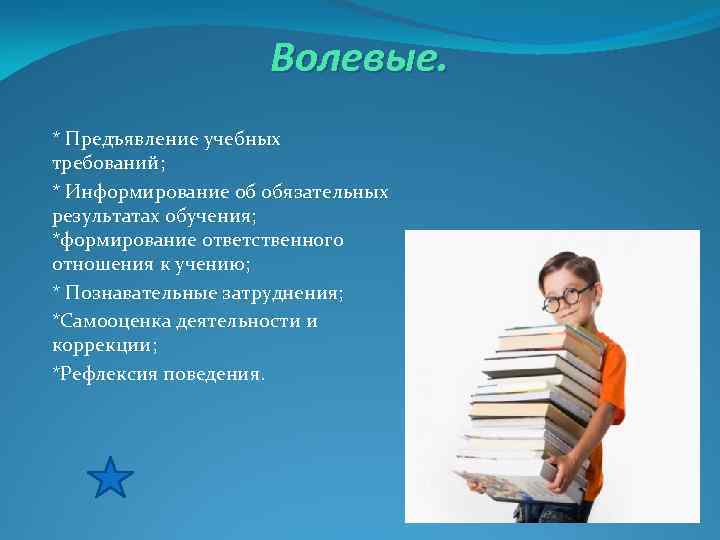 Волевые. * Предъявление учебных требований; * Информирование об обязательных результатах обучения; *формирование ответственного отношения