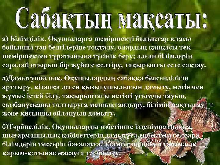 а) Білімділік. Оқушыларға шеміршекті балықтар класы бойынша тән белгілеріне тоқталу, олардың қаңқасы тек шеміршектен