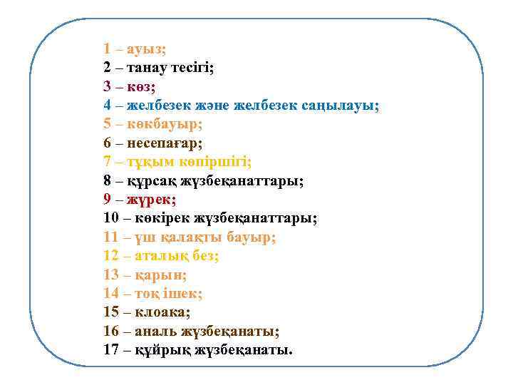 1 – ауыз; 2 – танау тесігі; 3 – көз; 4 – желбезек және