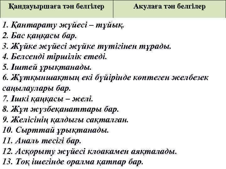 Қандауыршаға тән белгілер Акулаға тән белгілер 1. Қантарату жүйесі – тұйық. 2. Бас қаңқасы