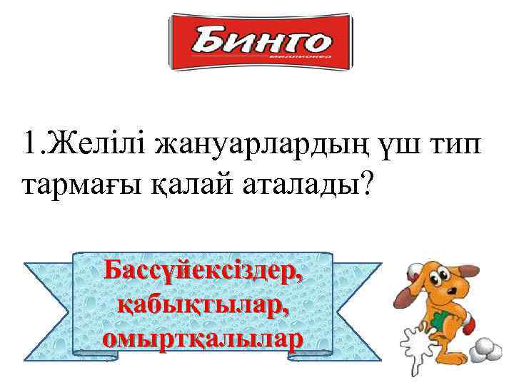 1. Желілі жануарлардың үш тип тармағы қалай аталады? Бассүйексіздер, қабықтылар, омыртқалылар 