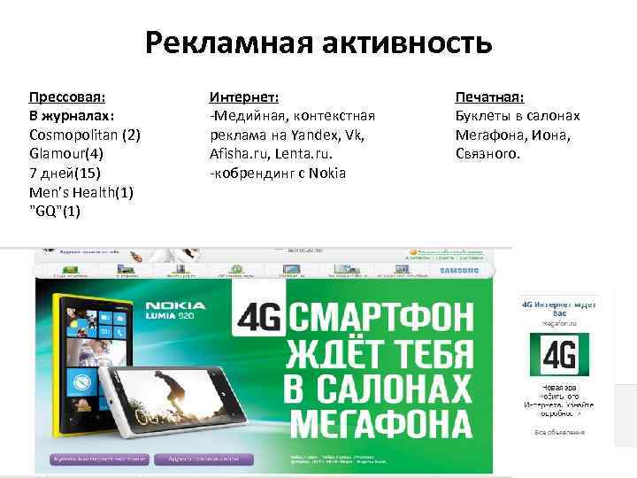 Рекламная активность Прессовая: В журналах: Cosmopolitan (2) Glamour(4) 7 дней(15) Men’s Health(1) "GQ"(1) Интернет: