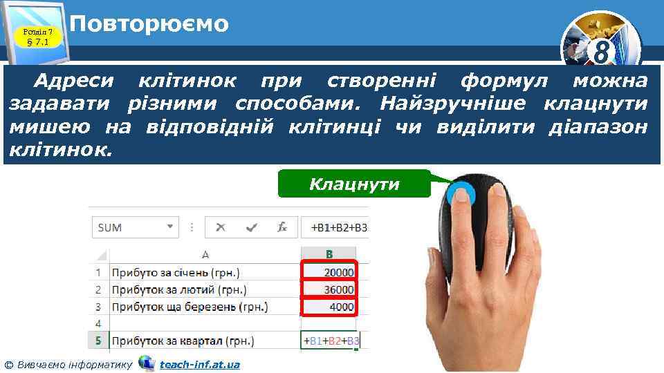 Розділ 7 § 7. 1 Повторюємо 8 Адреси клітинок при створенні формул можна задавати