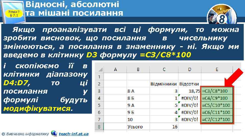 Розділ 7 § 7. 1 Відносні, абсолютні та мішані посилання 8 Якщо проаналізувати всі