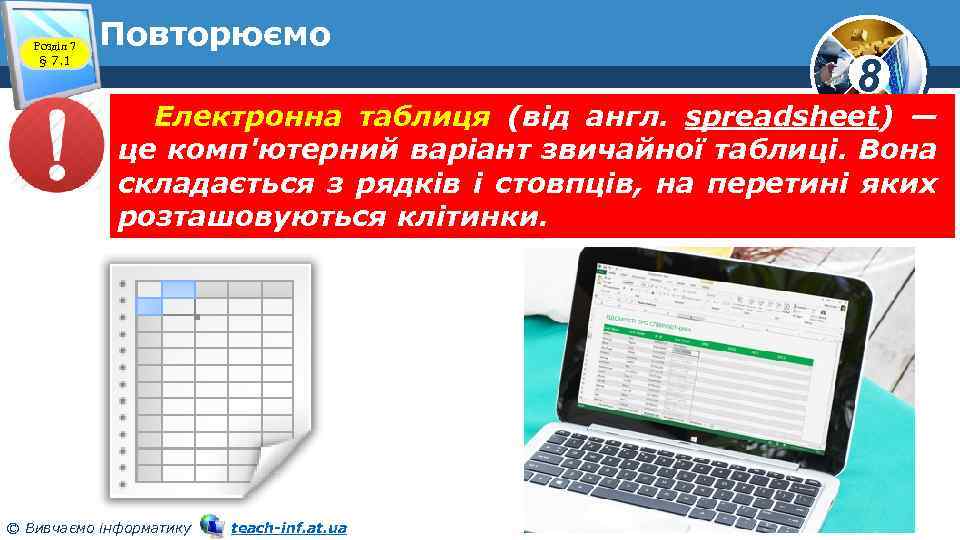 Розділ 7 § 7. 1 Повторюємо 8 Електронна таблиця (від англ. spreadsheet) — це