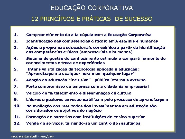 EDUCAÇÃO CORPORATIVA 12 PRINCÍPIOS E PRÁTICAS DE SUCESSO 1. Comprometimento da alta cúpula com