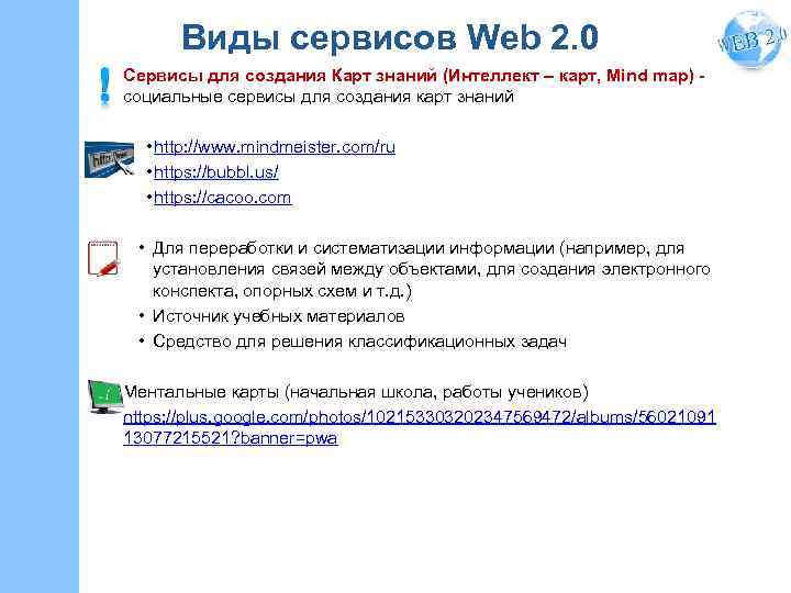 Виды сервисов Web 2. 0 Сервисы для создания Карт знаний (Интеллект – карт, Mind