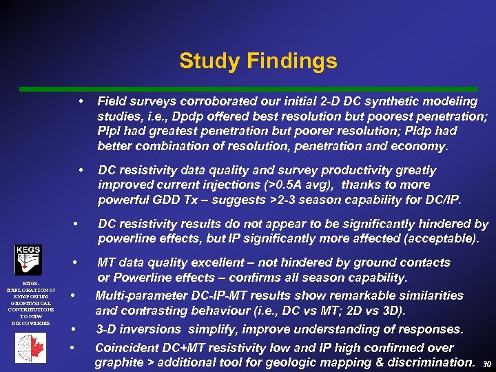 Study Findings • Field surveys corroborated our initial 2 -D DC synthetic modeling studies,