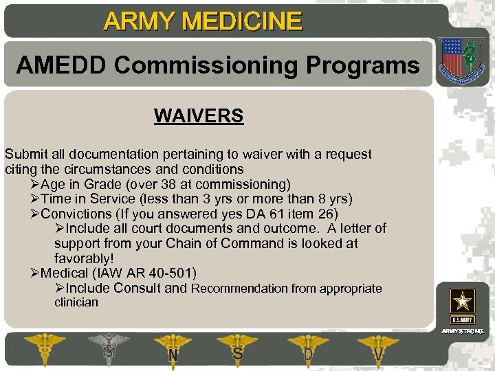 ARMY MEDICINE AMEDD Commissioning Programs WAIVERS Submit all documentation pertaining to waiver with a