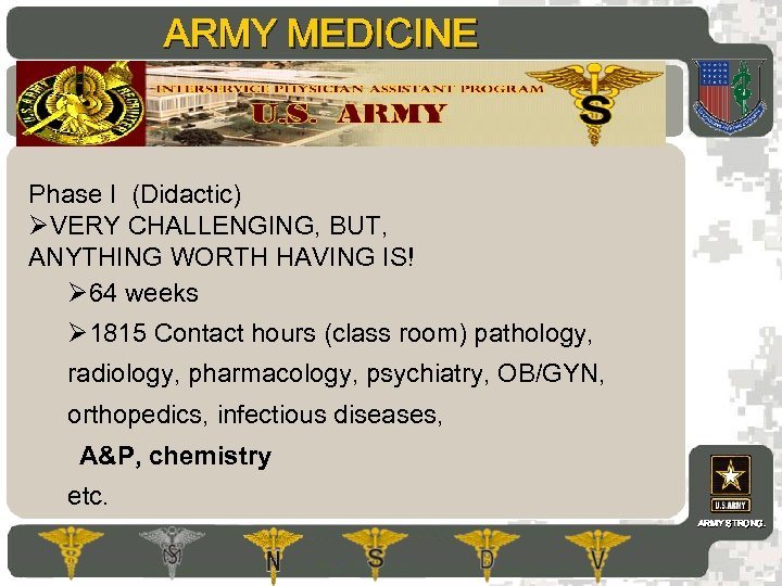 ARMY MEDICINE AMEDD Commissioning Programs Phase I (Didactic) ØVERY CHALLENGING, BUT, ANYTHING WORTH HAVING