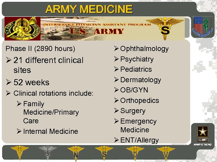 ARMY MEDICINE AMEDD Commissioning Programs Phase II (2890 hours) Ø 21 different clinical sites