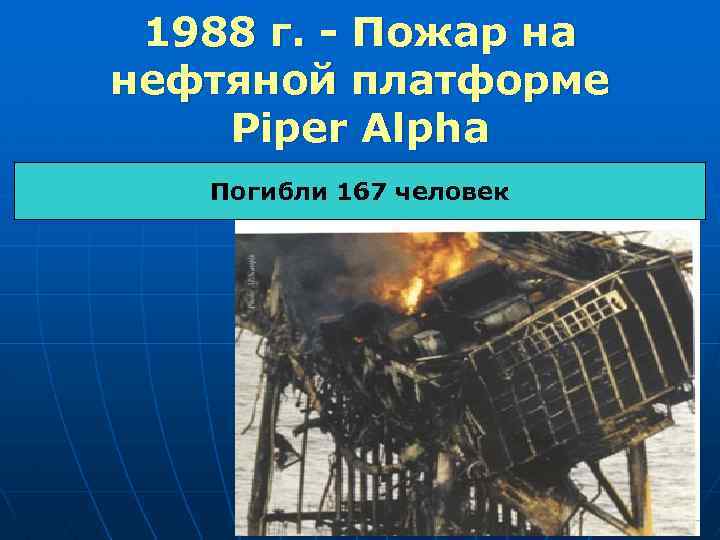 1988 г. - Пожар на нефтяной платформе Piper Alpha Погибли 167 человек 